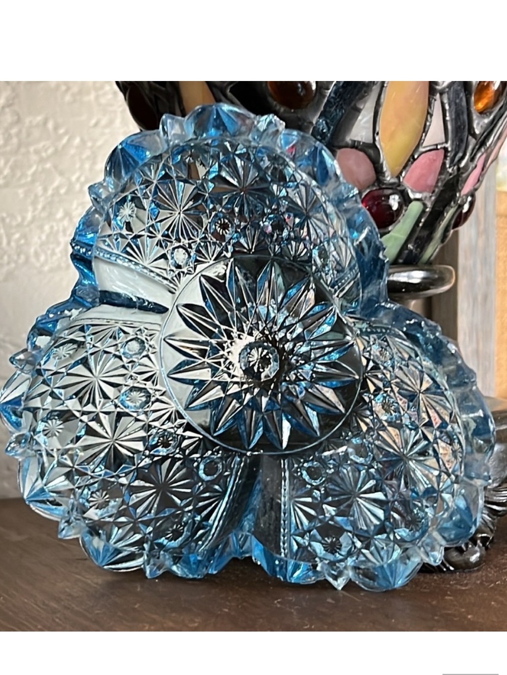 Imperial Glass Daisy &Button Cloverleaf Dish Ice Blue Pressed Glass Bowl Vintage